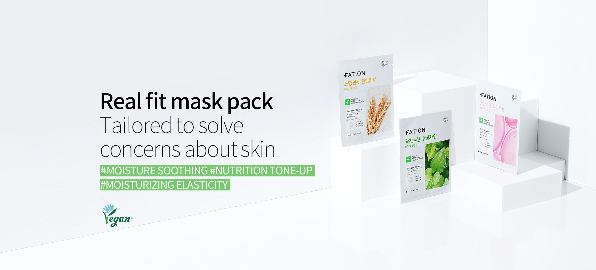FATION Real Fit Mask Pack dengan tiga varian masker pada latar putih