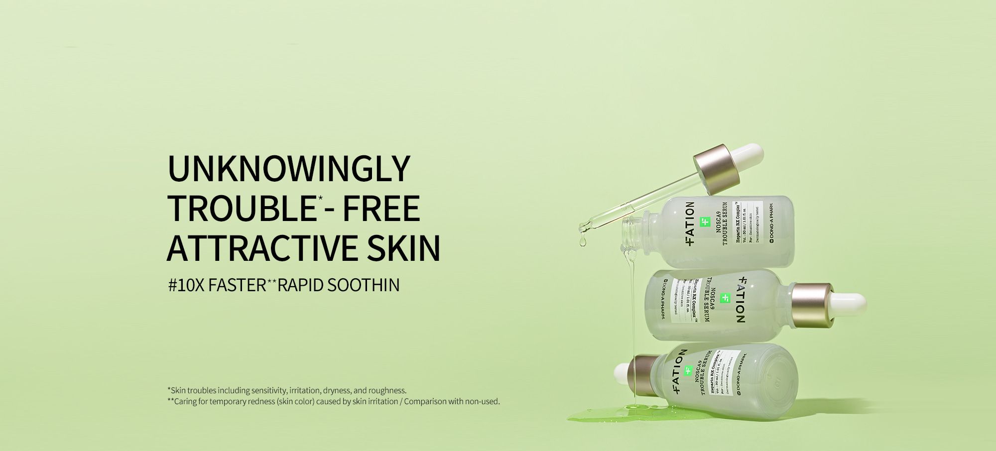 FATION NOSCA9 Trouble Serum dengan botol serum di atas latar hijau